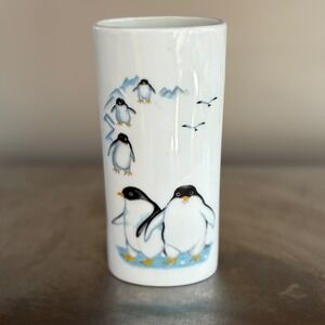 Vintage San Francisco Takahashi Ceramic Vase Penguin Art Blue Ice Mountains